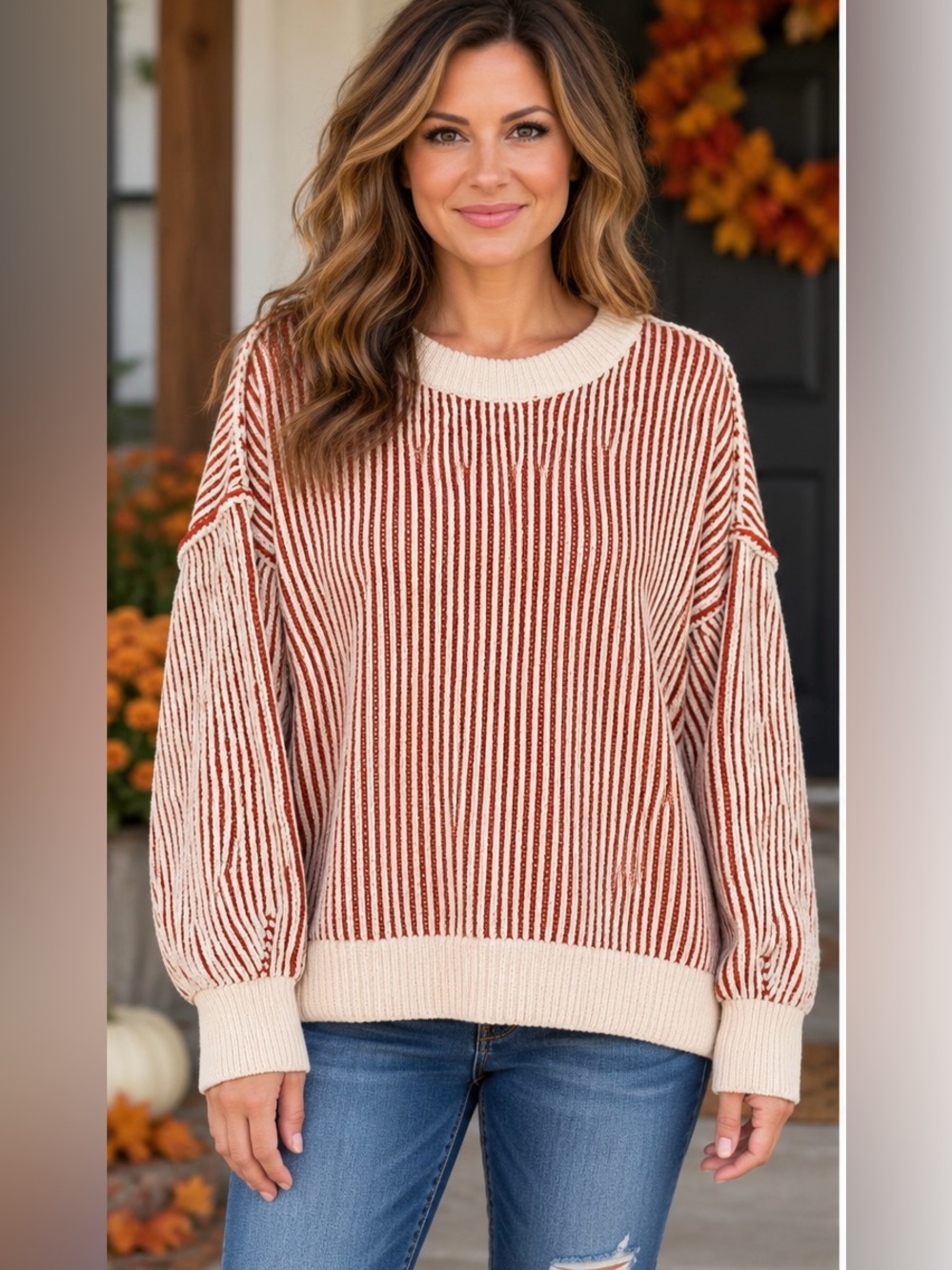 Zenana Outfitters Burnt Orange &Cream Striped Curly Ribbed Sweater - New in Bag